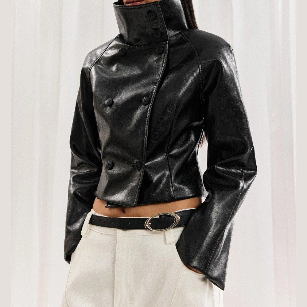 Black Faux Leather Double Breasted High Funnel Neck Crop Pea Jacket